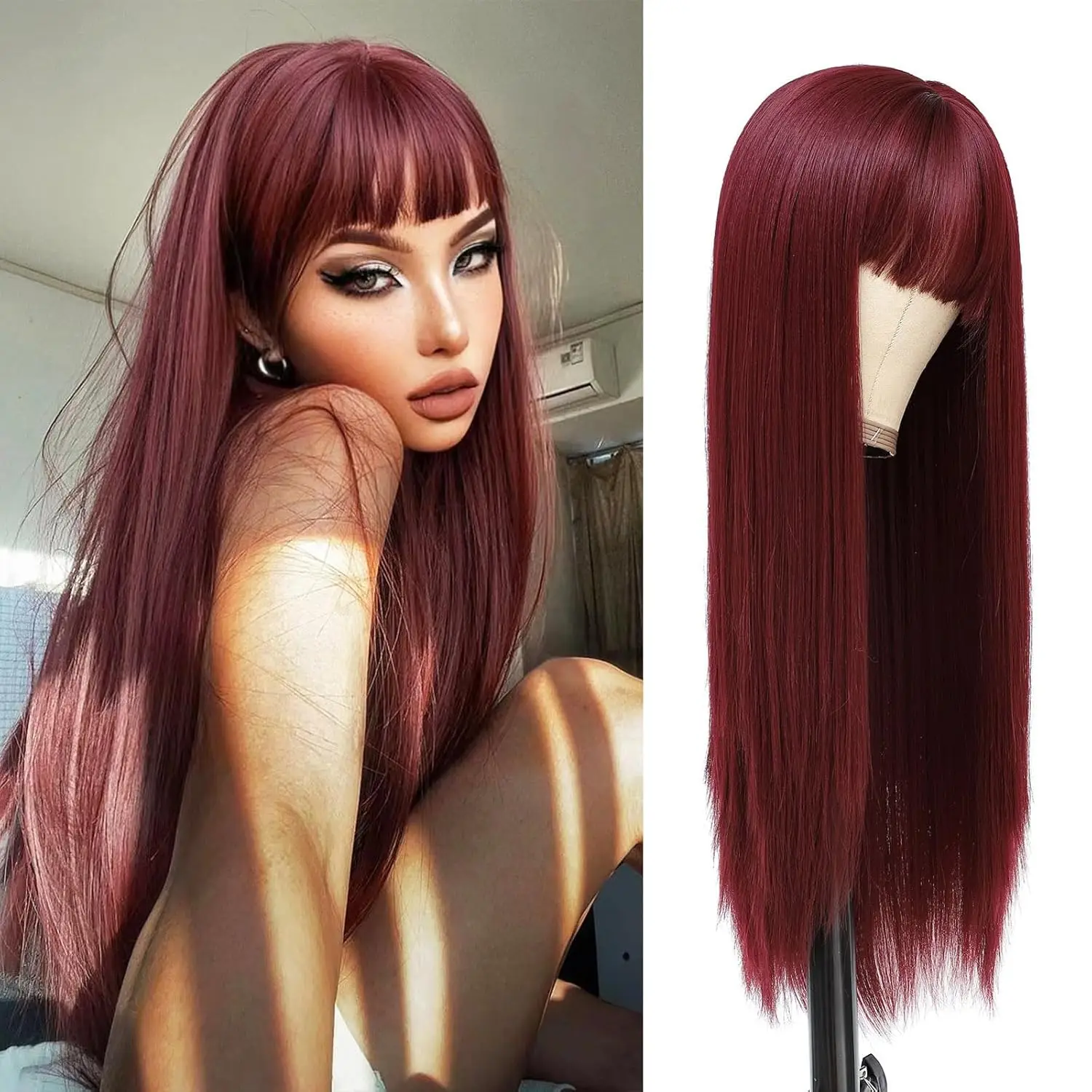 

Wine Red Synthetic Wigs Women's 26inch Bangs Natural Long Straight Hair Daily Party Cosplay Full Head Covers