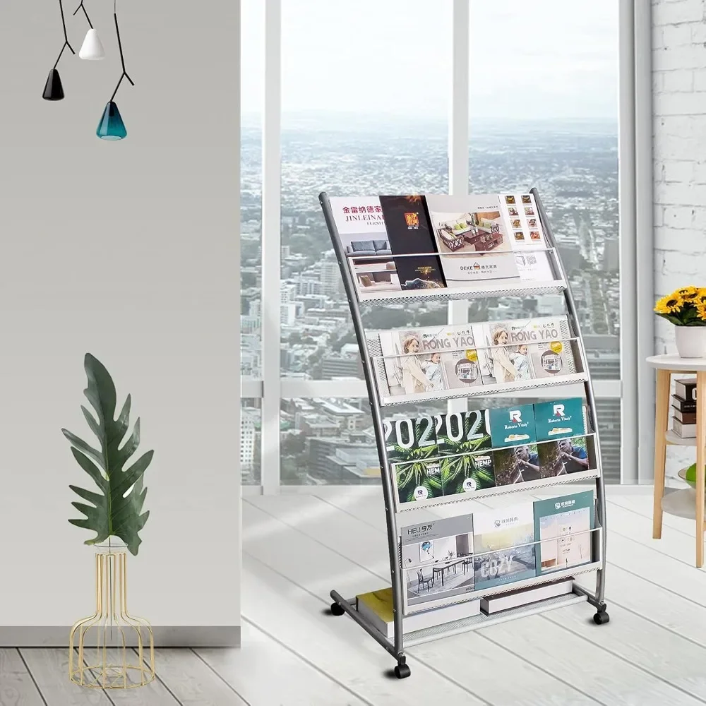 

Brochure Display Stand, Floor-Standing Magazine Rack with 4 Pockets, Information Rack With casters Easy to Move for Trade