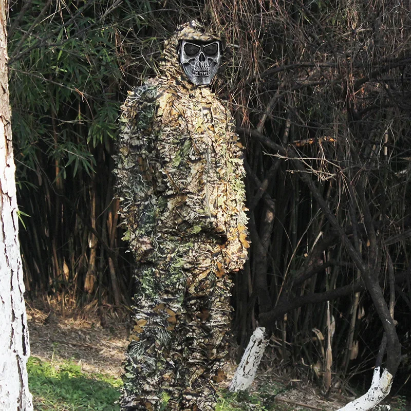 3D kamuflaż myśliwski Ghillie z czapką garnitur ubrania peleryna dżungla Poncho Camo bioniczny liść do sprzętu do akcesoria fotograficzne