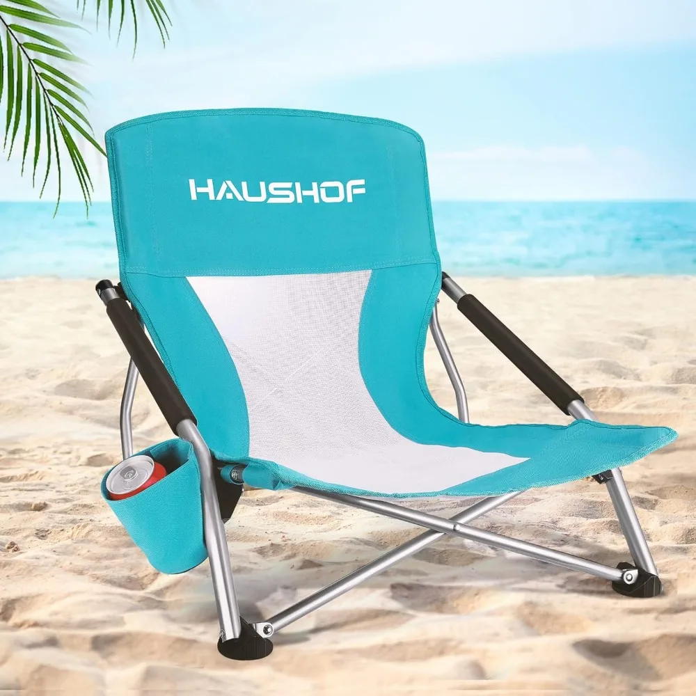 

Low Beach Chair, Mesh Back Folding Chair, Lightweight Low Seat Camping Chairs with Cup Holder, Carry Bag, Padded Armrest