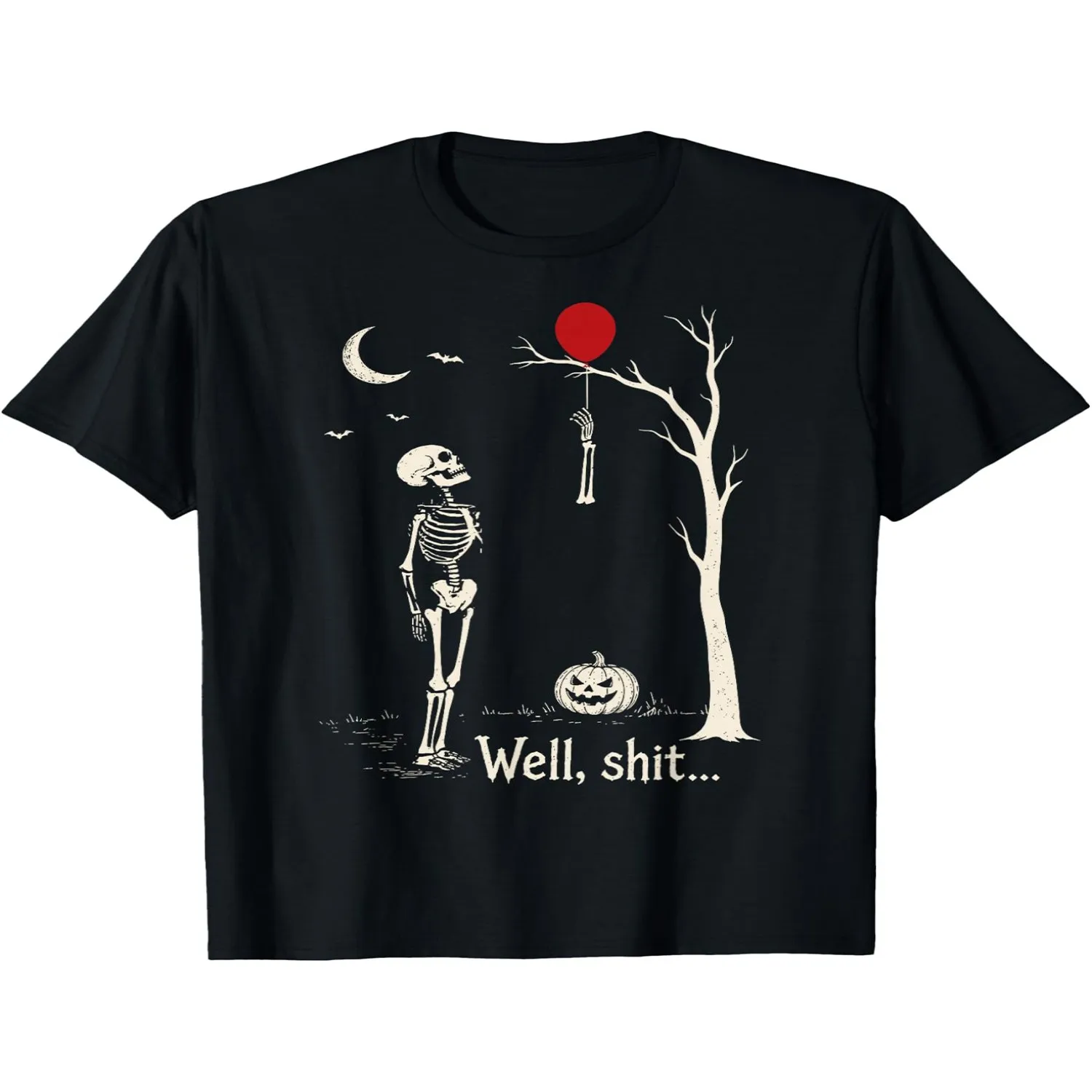 Funny _Well Shit_ Lost Balloon Skeleton T-Shirt - Unisex Oversized Round Neck Short Sleeve Tee, Breathable Loose Fit Shirt Suitable for Halloween Costumes Casual Wear, Machine Washable Humorous Unisex T Shirt Gift For Her