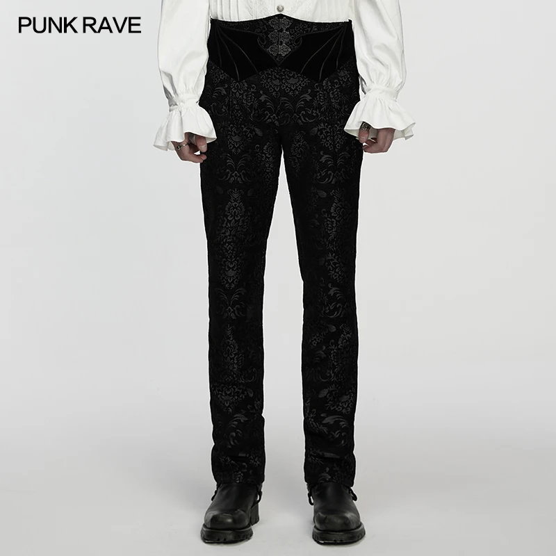 PUNK RAVE Men's Gothic Non-elastic Jacquard Embroidered Weft Velvet Pants Palace Retro Metal Buttons Trousers Two Colors