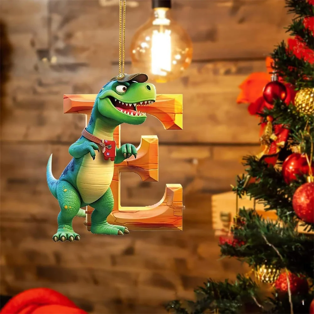 1pc Christmas Dinosaur Ornaments 26 Letter Cartoon Pendant 2D Flat Acrylic Material Dino Figures Hanging Xmas Party Decoration