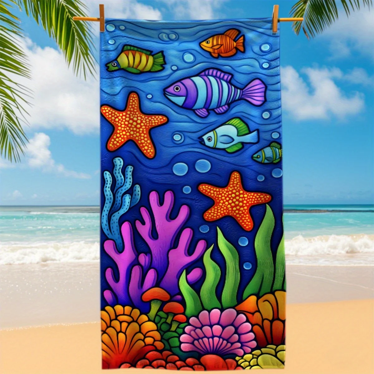 Vibrant Underwater World Beach Towel Patterned Sunscreen And Windproof Suitable For Swimming Pool Camping Travel Blanket