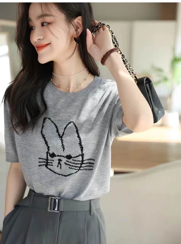 

Mulberry Silk Fun little rabbit jacquard knitted shirt loose showing thin short sleeve T-shirt women spring/summer