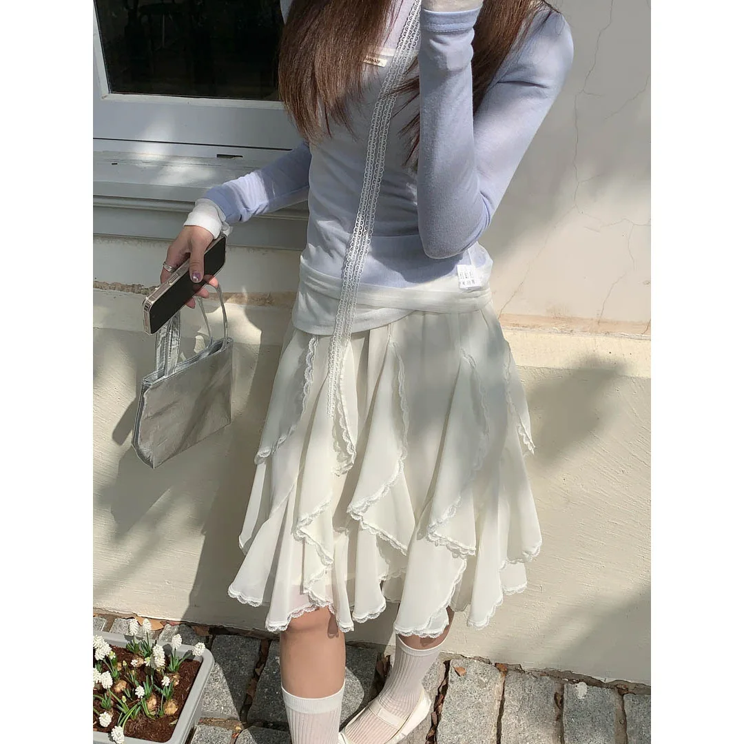 Nieregularna spódnica do połowy długości dla kobiet 25 Wiosenny styl z koronkową krótką spódniczką w stylu wróżki z liści lotosu