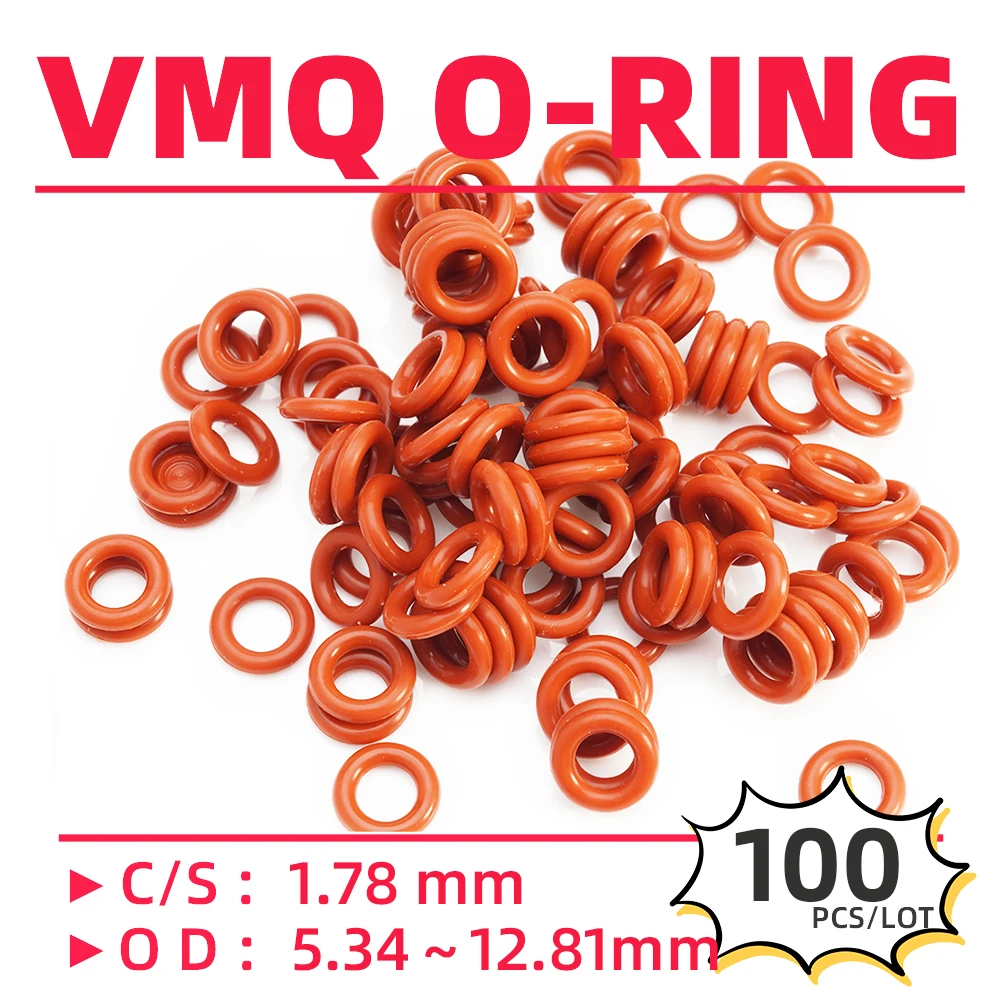 

100PCS/Lot Rubber Red VMQ CS1.78 mm OD 5.34/6.13/6.46/6.91/7.24/7.5/8.03/8.32/8.43mm O Ring Gasket Oil Resistant Waterproof