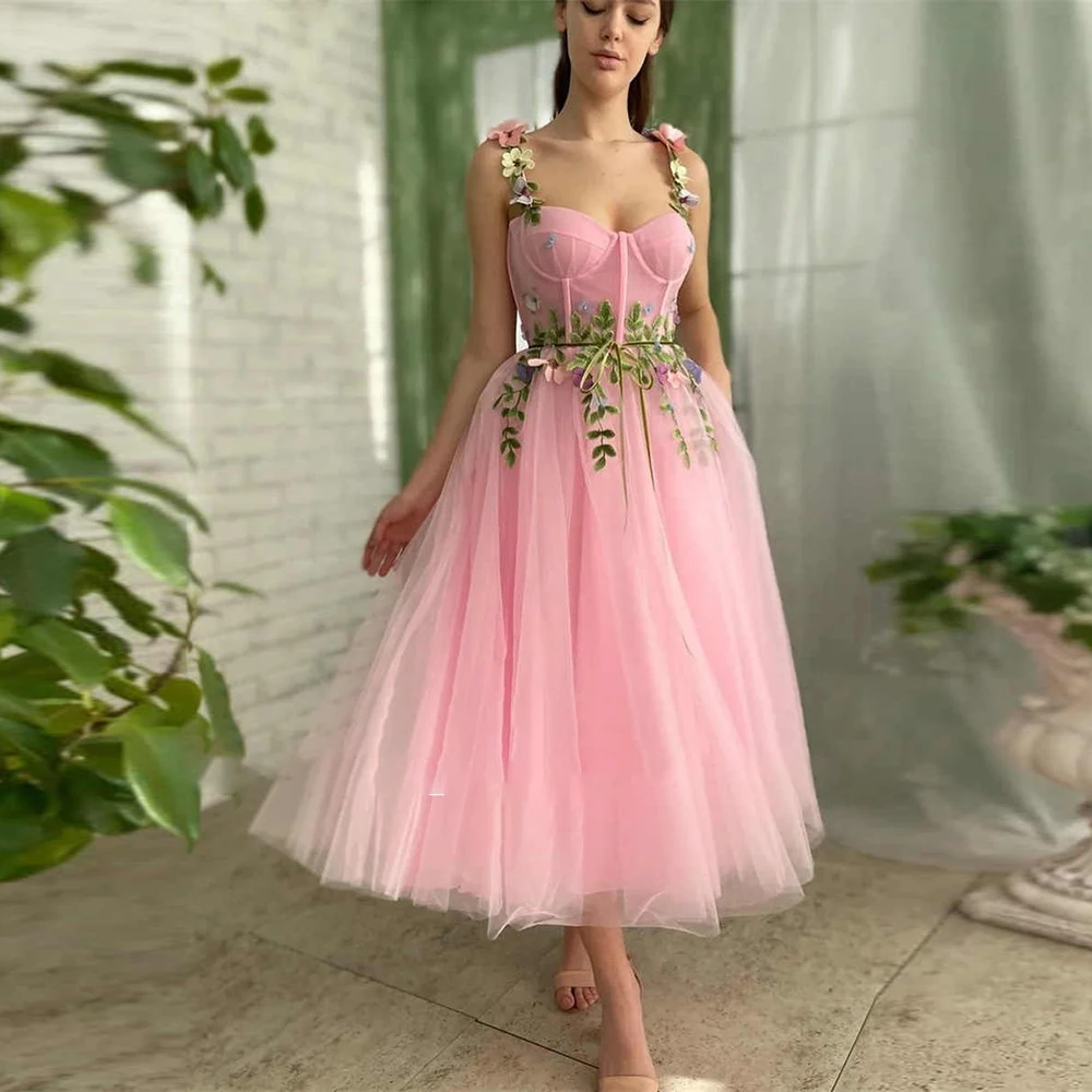 Pink Wedding Dress  Spaghetti Strap Backless Bridal Mid-Calf Dress  For Bridal Party Holiday Ball Cocktail Party