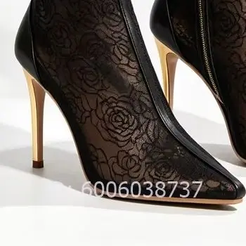 Women Black Lace Ankle Boots Pointed Toe Ruffle Mesh Boots Gold Rivet Stiletto High Heels Zipper Sexy Party Ladies Boots