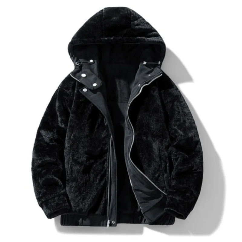2026 New Men Fleece Hooded Zipper Jacket Winter Fashion Thick Reversible Casual Coat Outdoors Warm Windproof Hoodie Streetwear