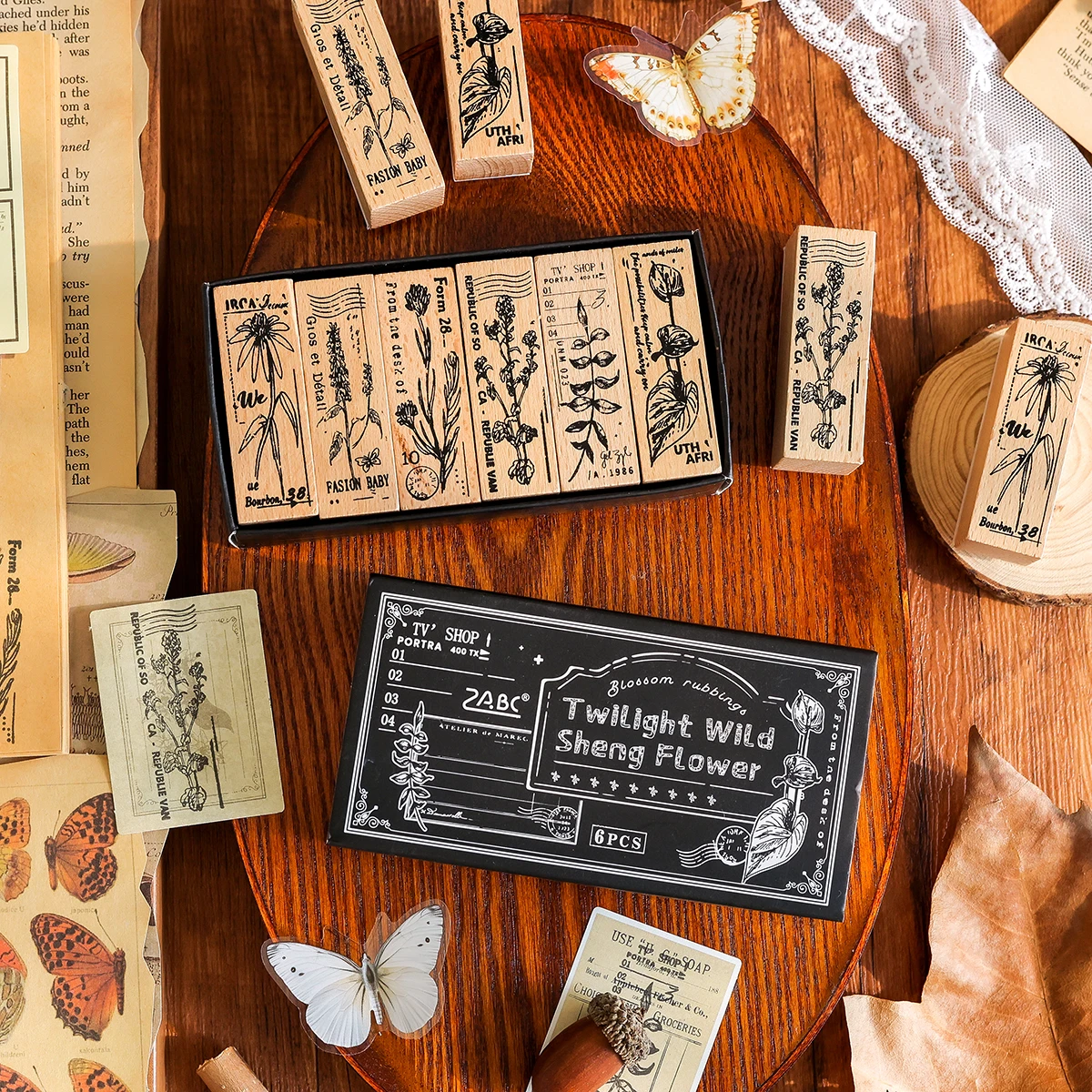 6pcs Beautily Flower Pattern Vintage Wooden Stamp Set For Scrapbooking Journaling Diy Craft Card Making Paper Decoration