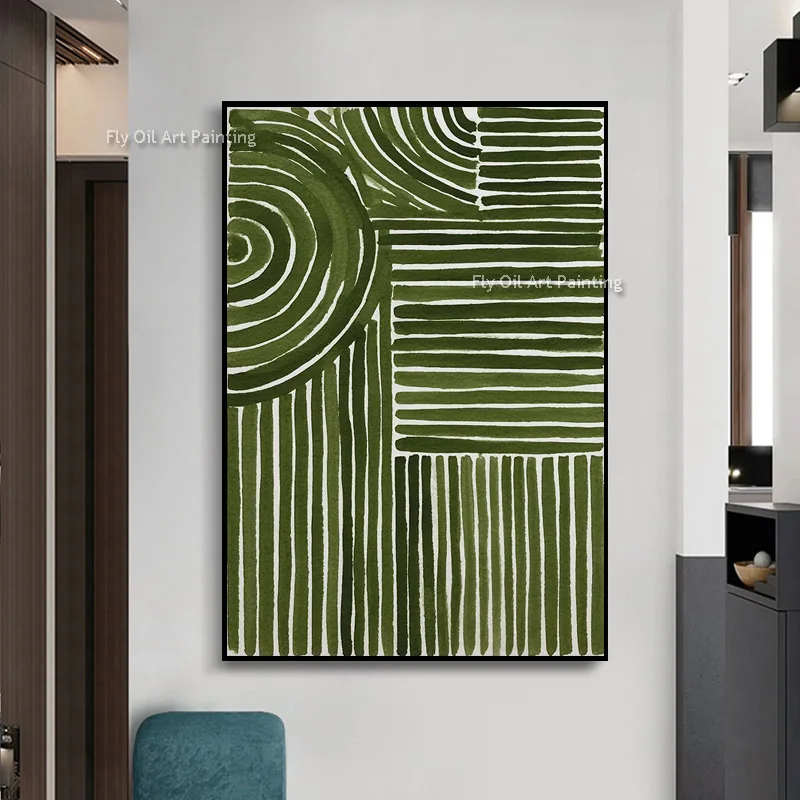 Handcrafted Mark Rothko Style Mid‑Century Green Line Thick Canvas Wall Art Modern Geometric Oil Painting For Interior Decor