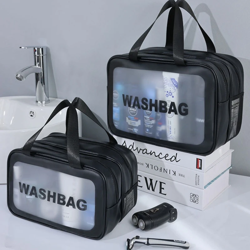 Mens Toiletry Bag Wet Dry Separation Double Layer Clear PU Leather Zipper Portable Cosmetic Organizer Travel Wash Bag Dopp Kit