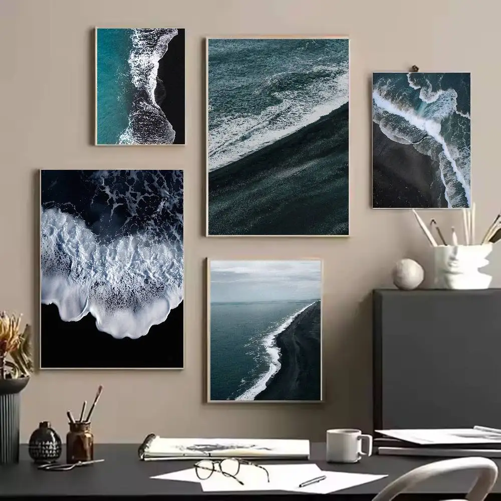 Dark Beach Wave Poster, Dark Sea View Scenery Print, Black Sand Seaside Landscape Minimalist Blue Ocean Nature Wall Decor