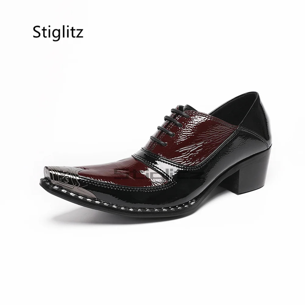Men's Patent Leather Mixed Colors Business Shoes Metal Pointed Toe High Heels British Style Lace Up Party Oxfords Dress Shoes