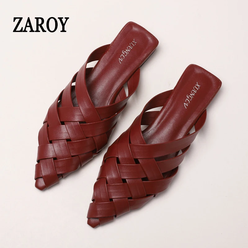 

ZAROY Weave Mules Slipper Spring Summer Casual Shoes For Woman Pointed Toe Low Heels Outdoor Beach Slides Home Shoes мюли