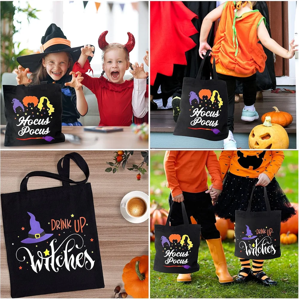 Halloween Canvas Tote Bags Hocus Pocus Witch Theme Shopping Bag with Handle Candy Grocery Bag Trick or Treat Bag Party Favor