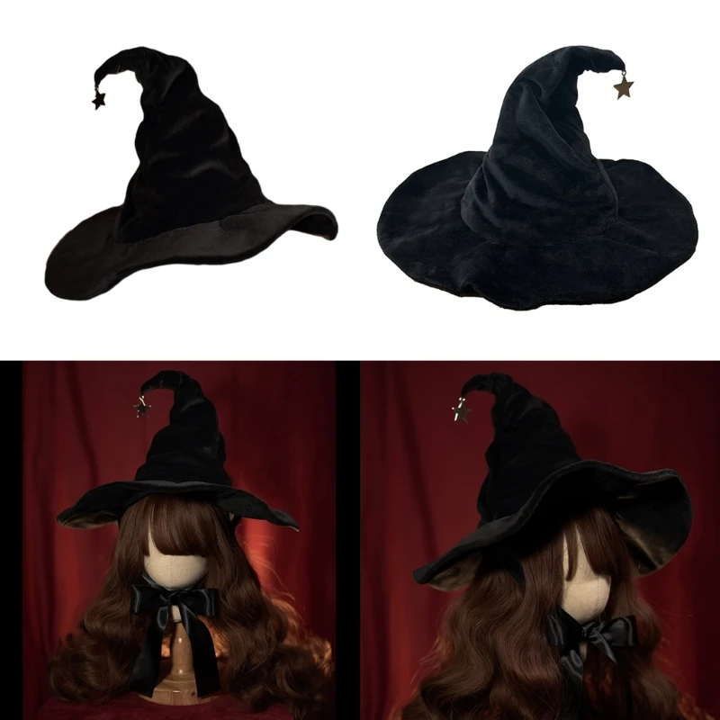 Crooked Witch Hat Costume for Women Men Teenagers for Halloween Party Decorations with Star Conjurer Cosplay