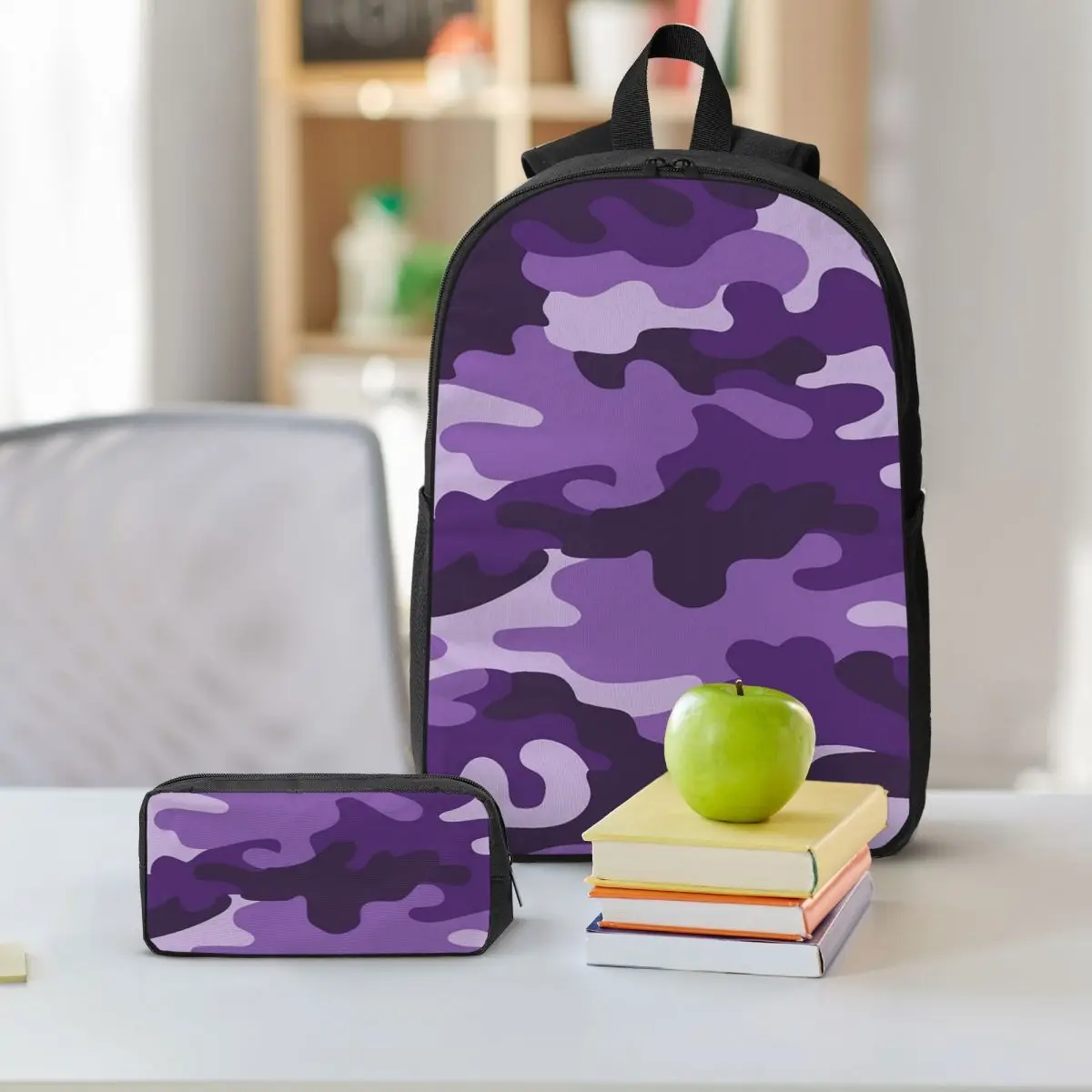 Purple Military Camouflage Camo Print Backpack Boys Girls BookBag School Bag Shoulder Bags 3ps Insulated Lunch Bag Pencil Case