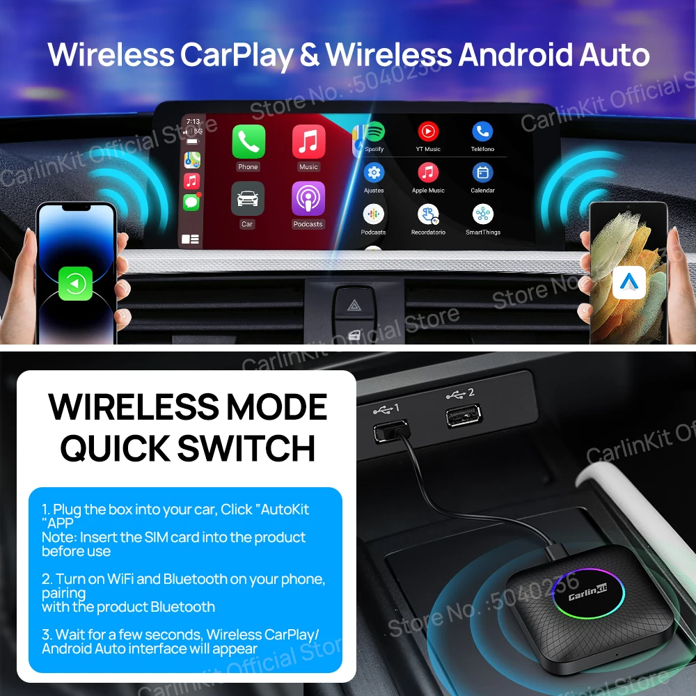 2024 CarlinKit CarPlay AI Box 안드로이드 13 SM6225 QCM6125 8 코어 안드로이드 자동 무선 CarPlay 어댑터 WiFi 4GLTE 유선 CarPlay 자동차 용 GPS 64G 128G FOTA 업그레이드 연결