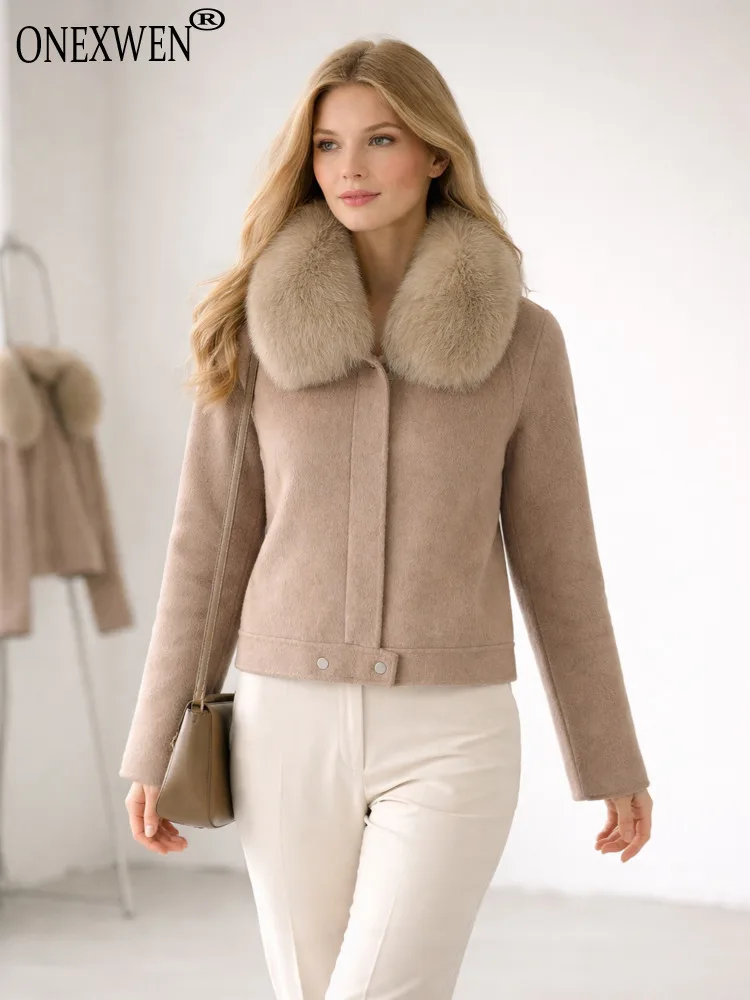 ONEXWEN Short Wool Coat With Large Fur Collar Detachable Lapel Double Faced Wool Jacket Winter Elegant Outerwear Warm RU62