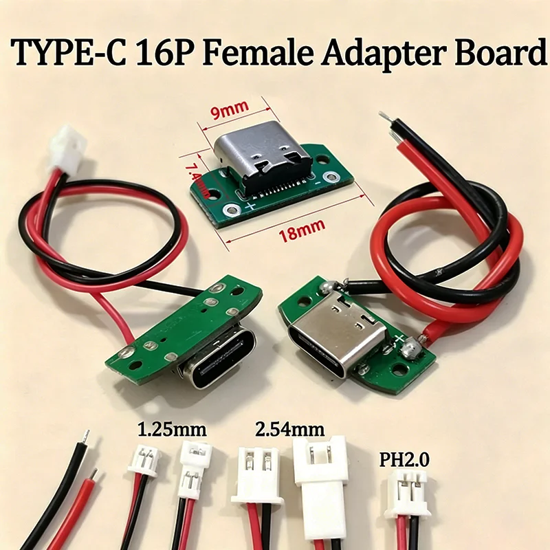 Type-C 16Pin Female Adapter Board USB Charging Module with 1.25/2.0/2.54mm PH2.0 Wire Terminal for DIY Power Supply
