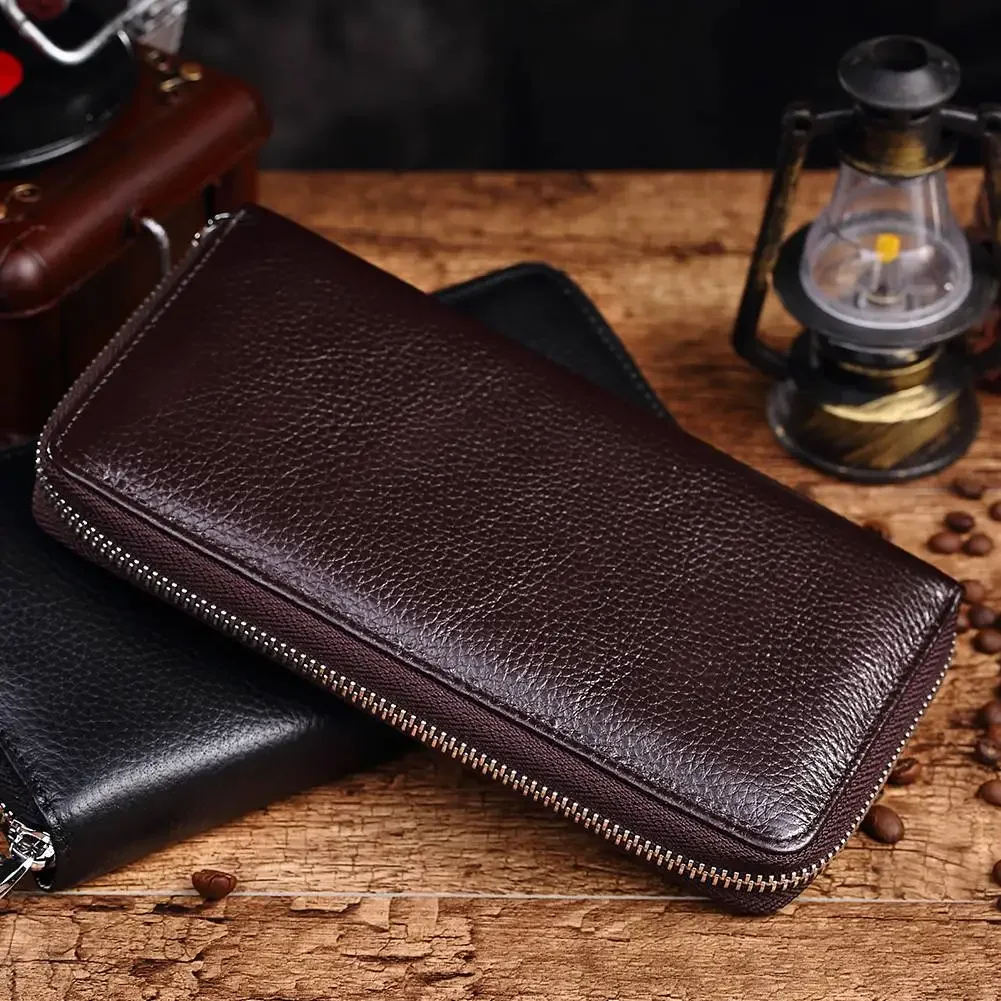 Retro Men's Wallet Large Capacity Cowhide Zipper Phone Bag Cross border Genuine Leather Long Men's Handbag