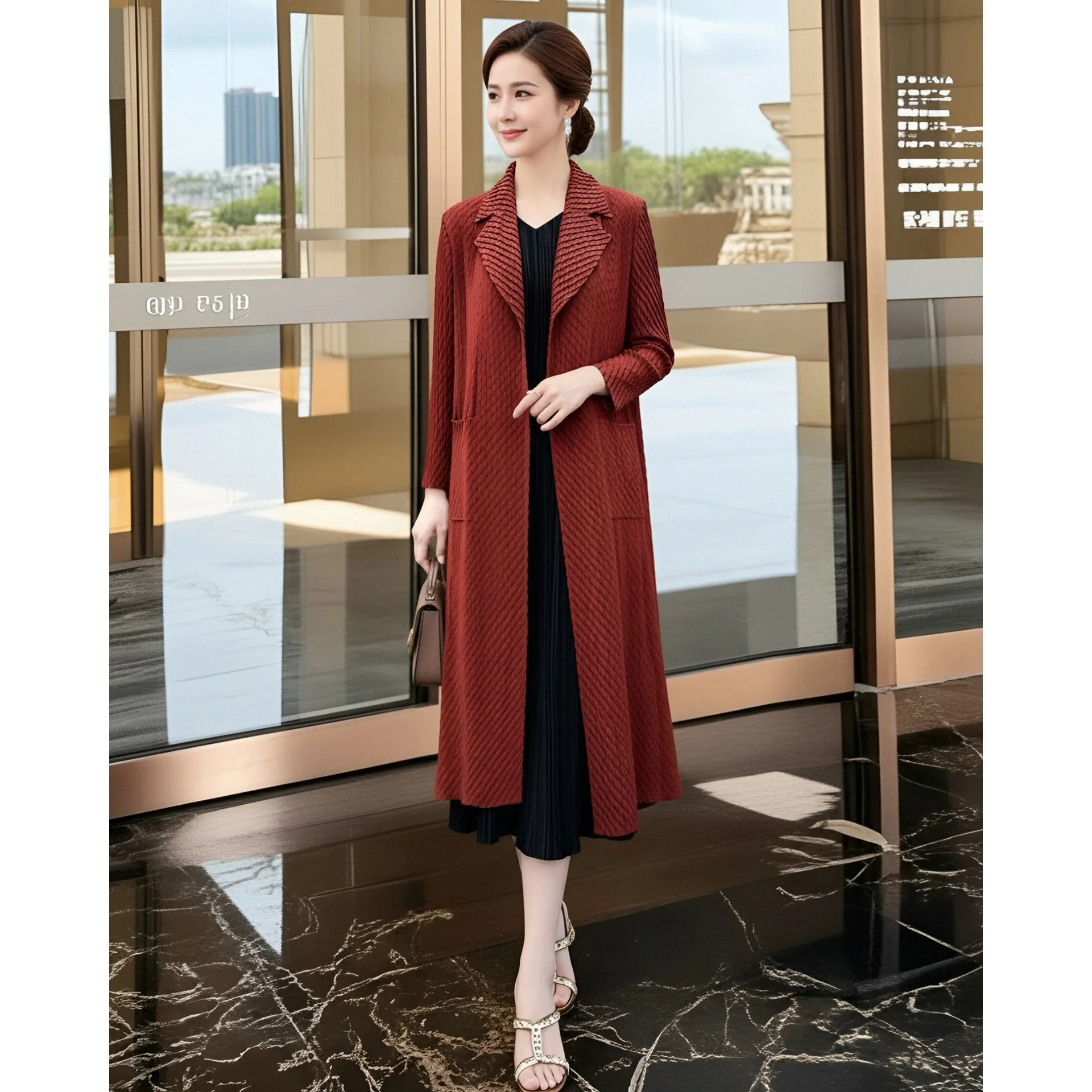 Miyake Windbreaker Jacket Women's Solid Color Commuter Style POLO Collar Long Sleeve Patch Pocket Buttonless Pleated Clothing