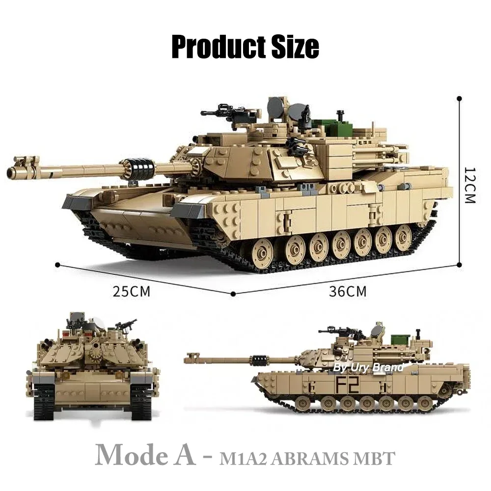 2in1 WW2 Military M1A2 Abrams MBT Tank Model Army Cannon Chariot Set Soldier Figures DIY Building Blocks Toys for Boys Kids Gift