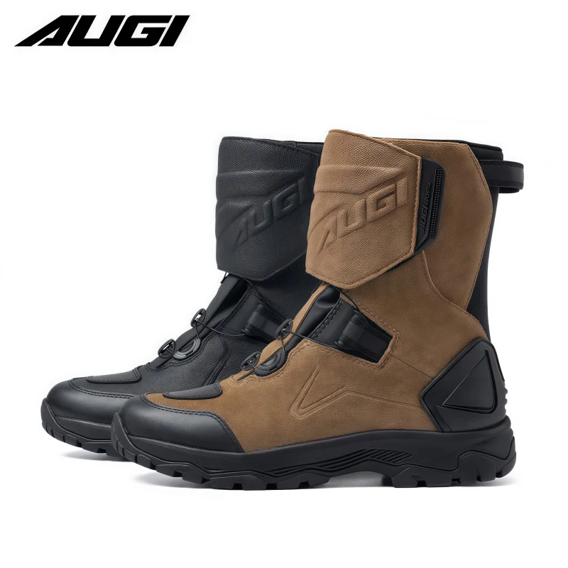 High-Quality Cowhide Waterproof Pull-Riding Boots Motorcycle Tightening Shoes & Reinforced Toe Heel & Wear-Resistant Rubber Sole