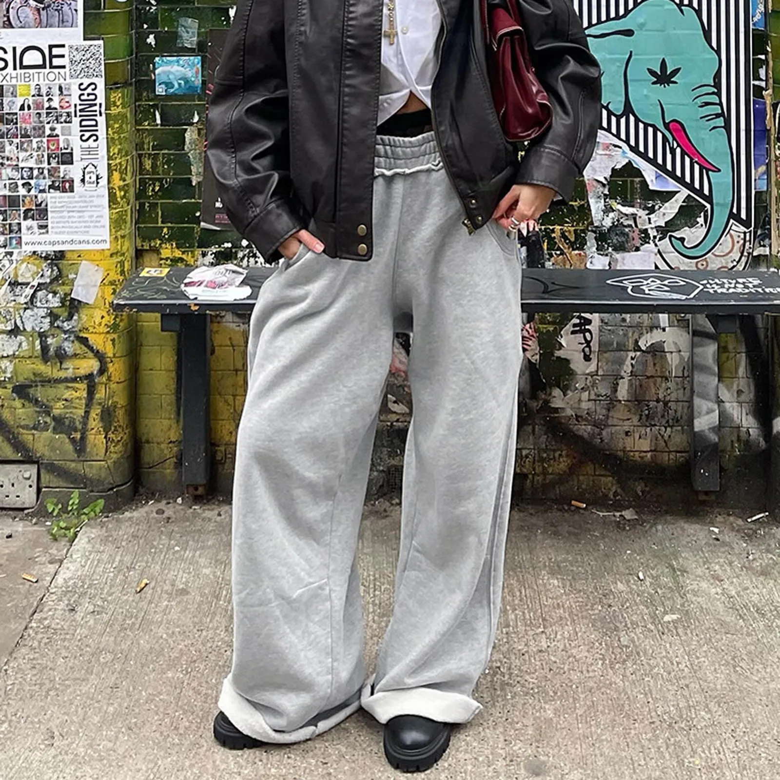 Baggy Grey Sweatpants Stitching Pockets Elastic Low Rise Casual Straight Pants y2k Street Style Women Trousers Harajuku 2024