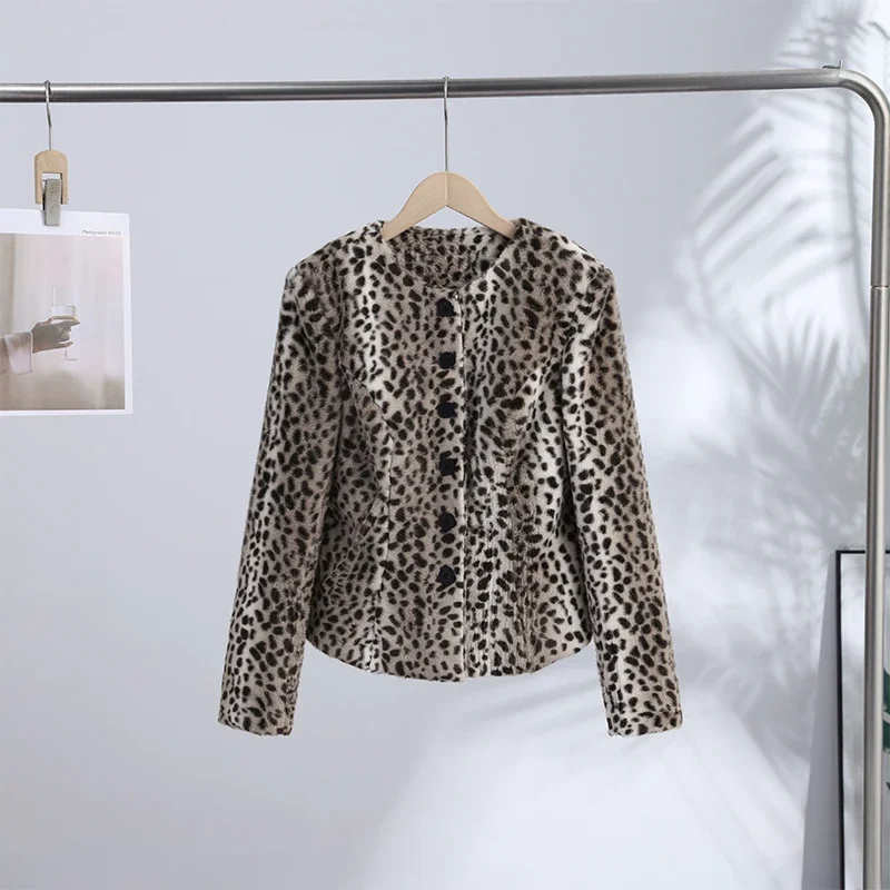 Kunstfell-Leopardenmuster Cropped-Jacke für Damen Rundhals Einreihiger Flauschiger Plüschmantel 2026 Vintage Y2K Oberbekleidung – Detail 5