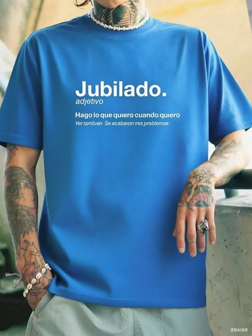 Featuring “Jubilado” Spanish Lifestyle Phrase Pattern Pure Cotton High-end Short-sleeved Summer New Print , Loose and Versatile