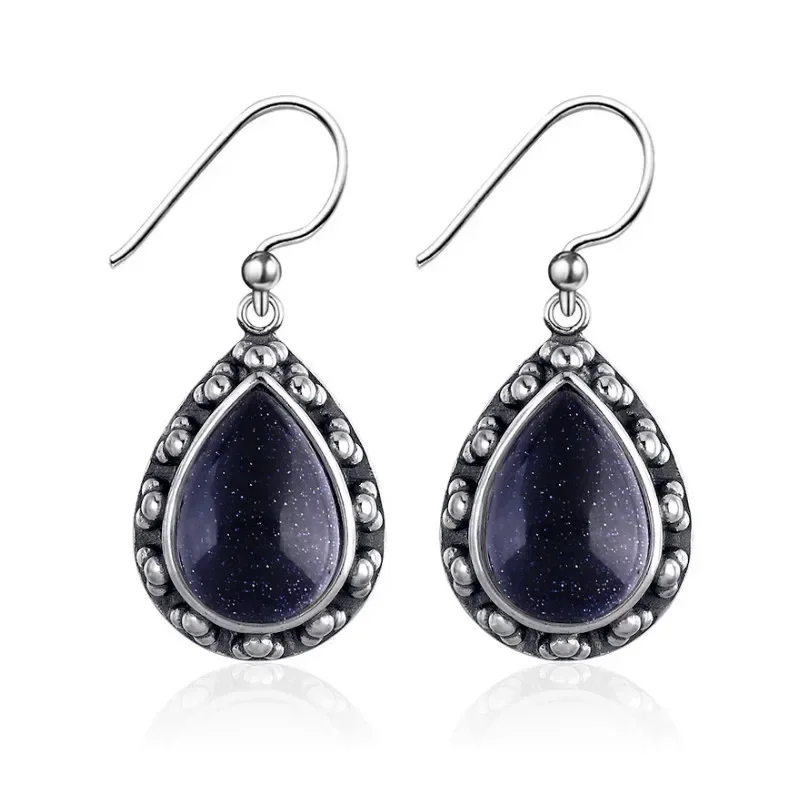 Silver Plated Drop Earring Vintage Blue Sandstone Earrings for Women Moonstone Jewelry Party Engagement Anniversary Gift