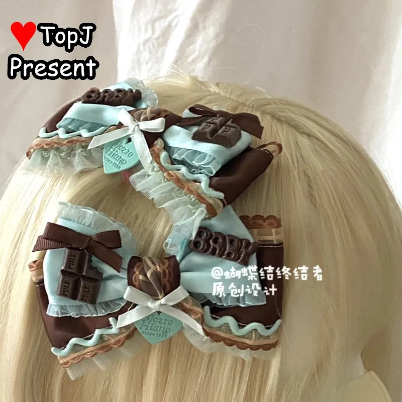 "نكهة النعناع الشوكولاته كوكي" القوطية Harajuku Y2K فتاة جميلة لوليتا الحلو القوس الشريط الدانتيل دبوس الشعر حافة المشبك مشبك شعر