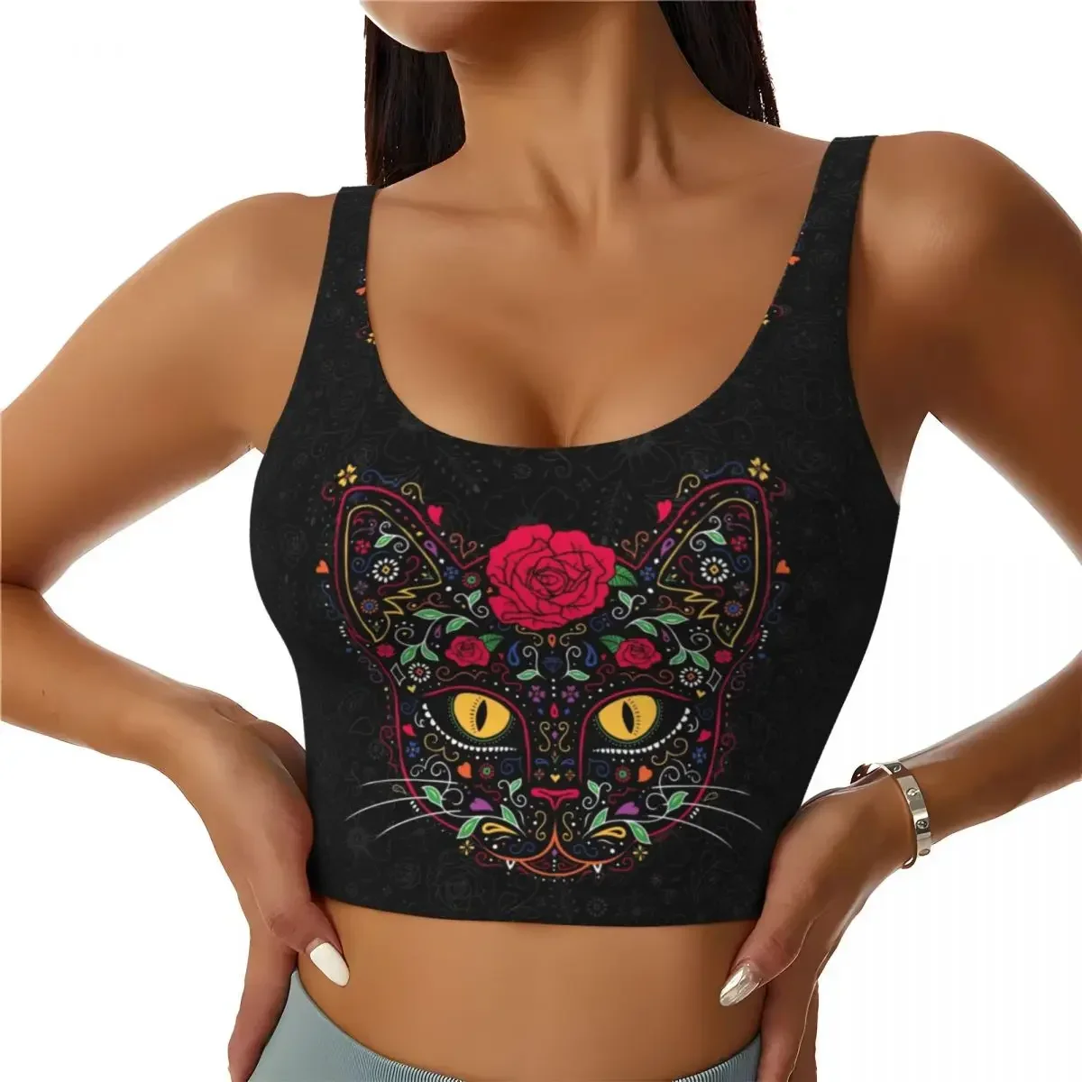 Camisetas sin mangas cortas personalizadas para mujer, camisetas sin mangas con calavera de azúcar y gato gatito, Día de los muertos, sujetadores deportivos de Yoga florales mexicanos para Halloween