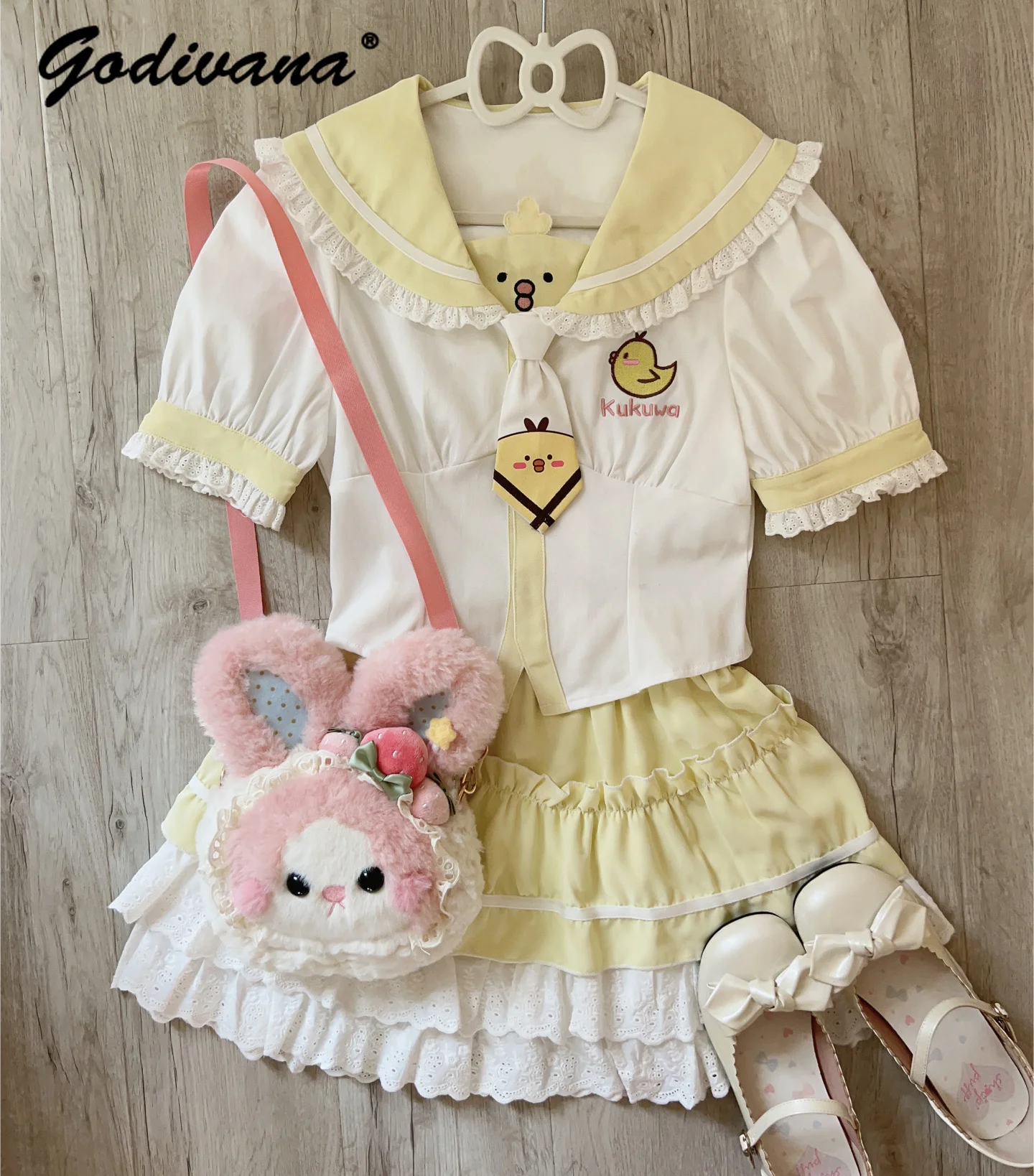 

Sweet Girls JK Uniform New Summer Sailor Collar Cute Chick Embroidered Short Sleeve Shirt and Cake Skirt 2 Piece Set Outfits