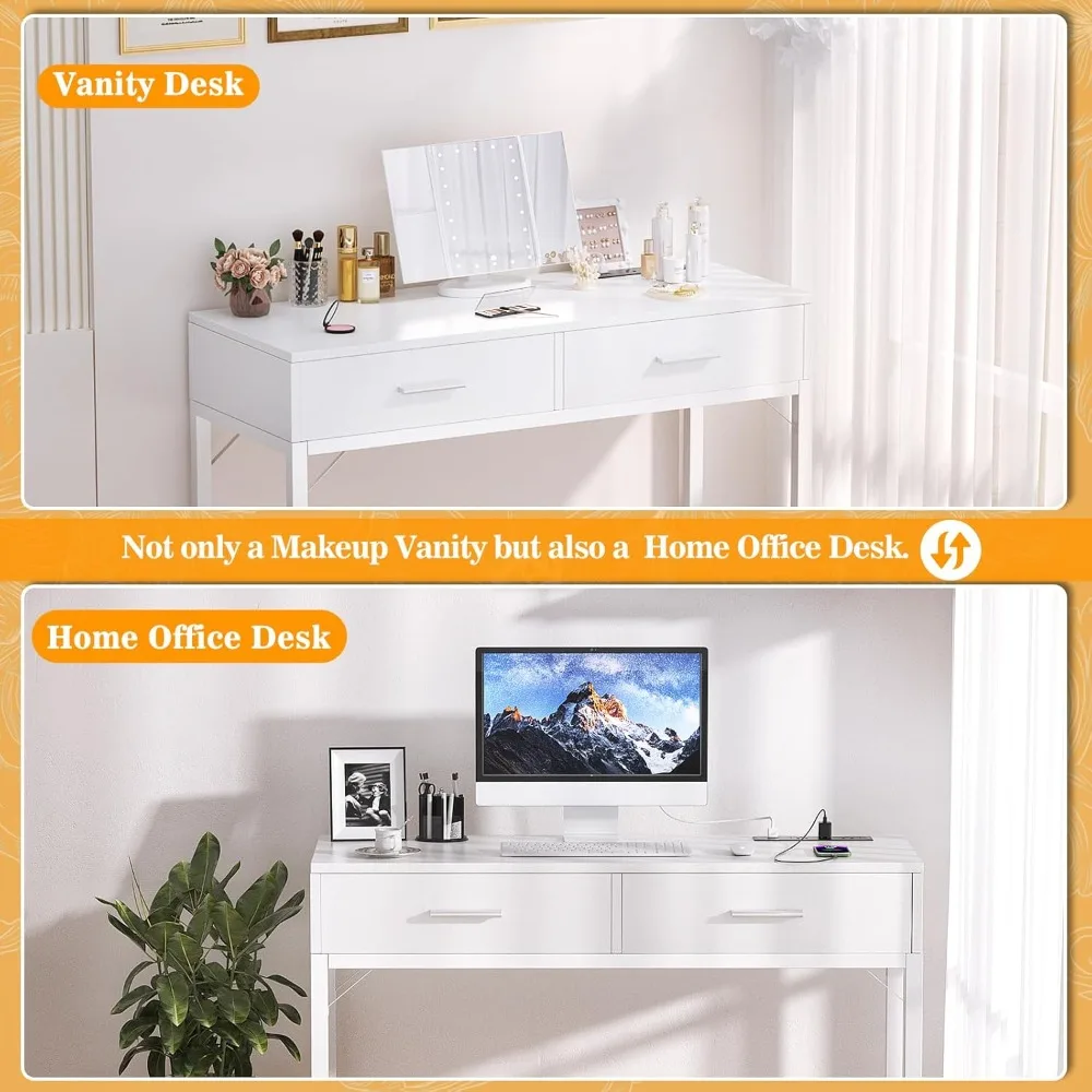 Penteadeira com espelho e luz, penteadeira de 36 polegadas com tomada de energia, penteadeira pequena com D