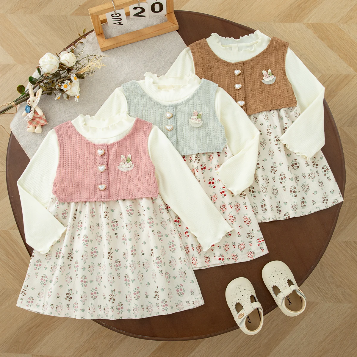Outfit of The Day Korean Style Autumn Fashion Casual Floral Printed Long Sleeved Knit Spliced Toddler Dress