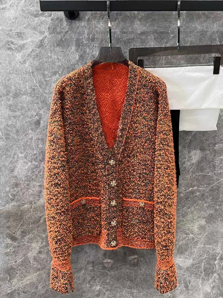 Vintage woven sequin wool yarn V-neck diamond button cardigan 2025 spring women's new fashion all-match knitted sweater coat