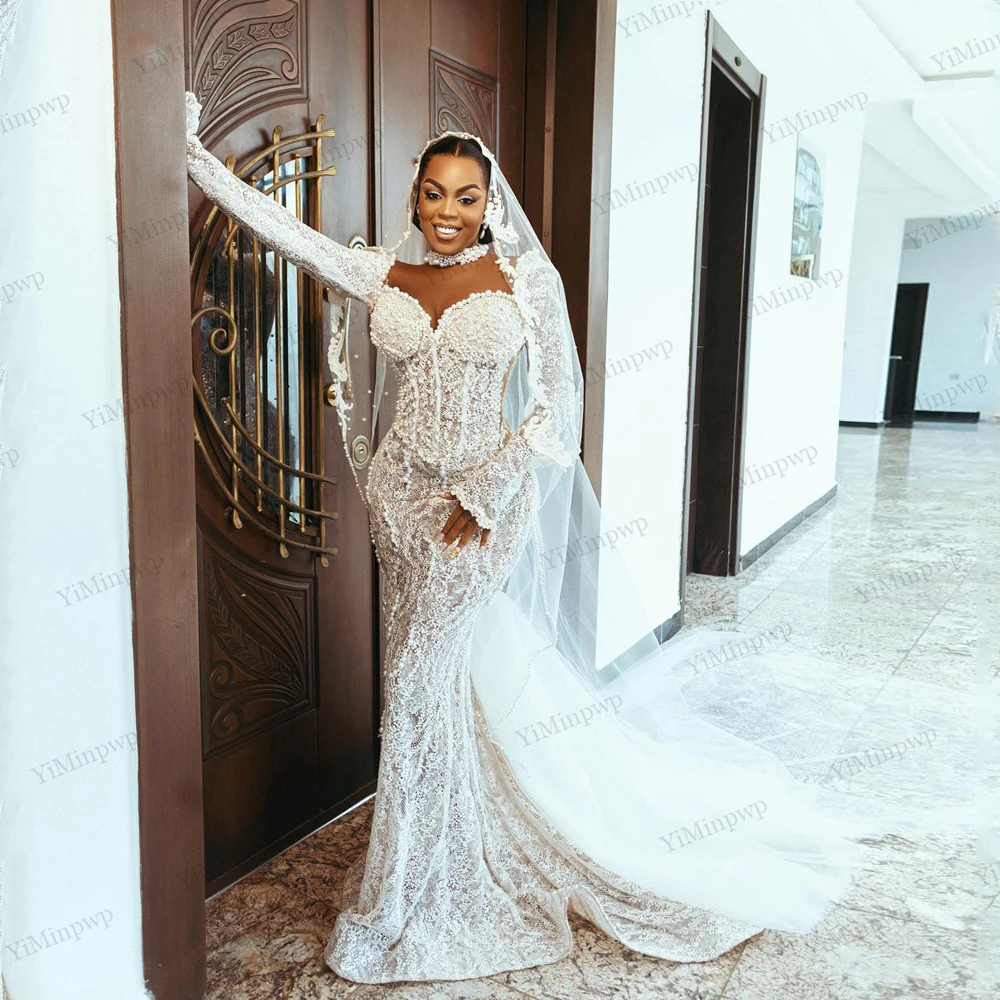 

High Neck Wedding Dresses Beaded Full Sleeve Applique Mermaid Applique Elegant Wedding Gowns For Women Sweep Train Customized