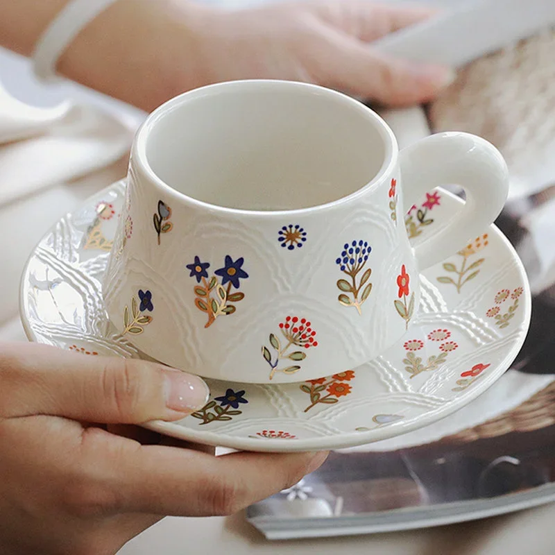 European Style Relief Texture Ceramics Cup And Saucer Office Coffee Milk Cup Exquisite Design Creativity Desktop Ornament 280ml