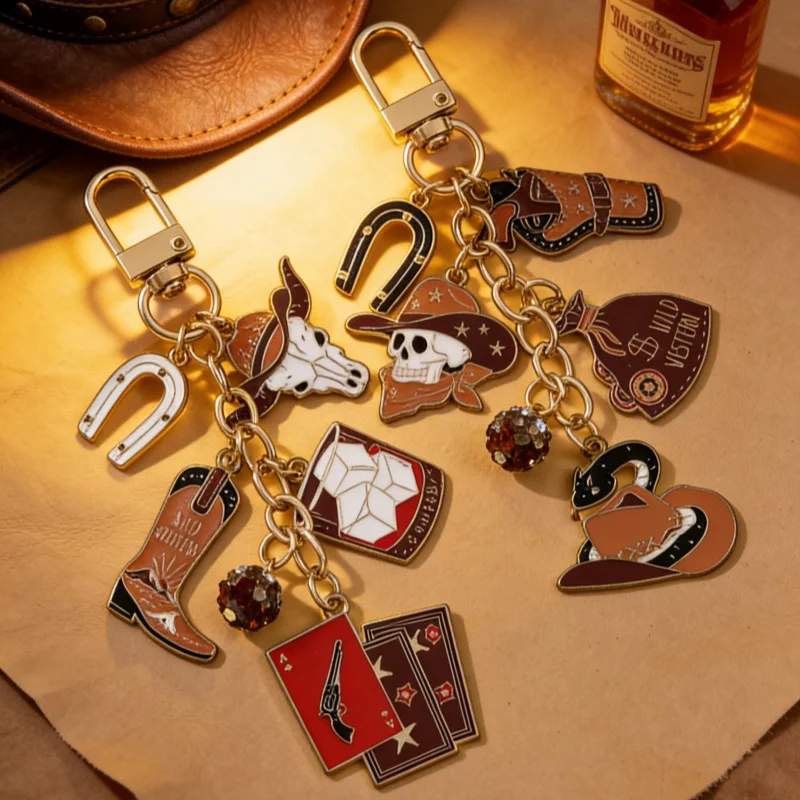 1PC Western Cowboy Serie Tropf Öl Poker Bullhead Schädel Schlüsselbund Kreative Tasche Wasser Tasse Anhänger Gedenk Geschenk