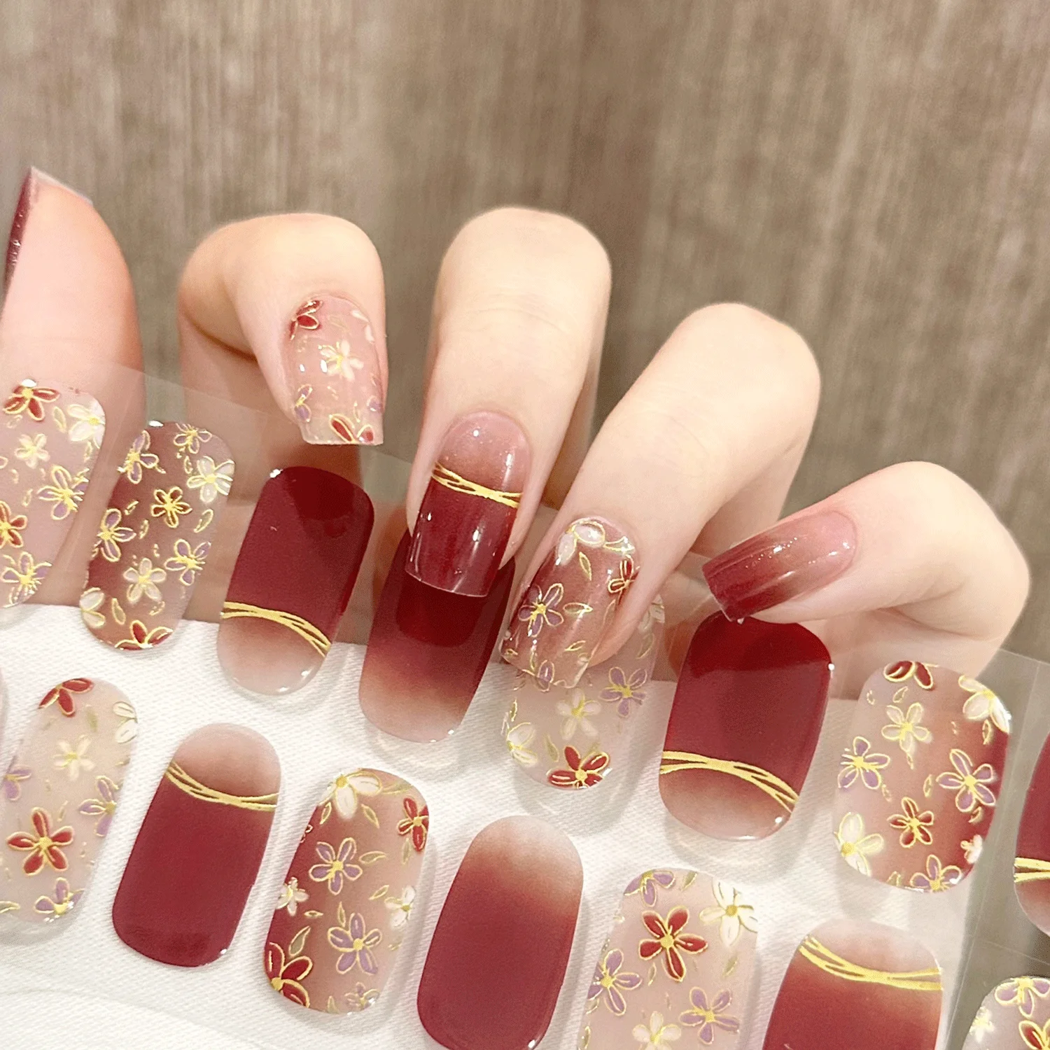 16/20/22/24 Strips Semi-cured Gel Nail Stickers Waterproof Long Lasting Semi-baked Nail Patches Full Cover Decals UV Lamp Need