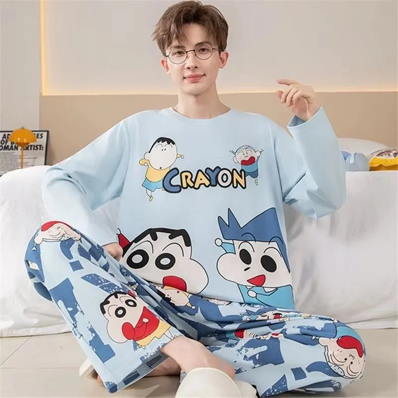 Hot Anime Crayon Shin Chan Print Pajama Set Crew Neck Long Sleeve Loose Sleepwear Cartoon Character Graphic Pant Loungewear Suit