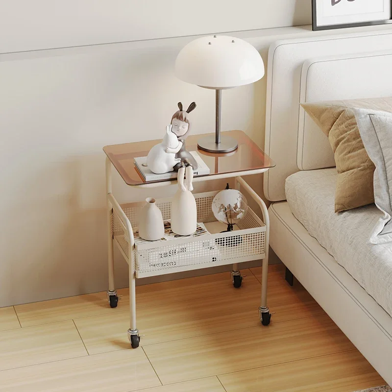 Living room bedroom metal small coffee table bedside trolley cream wind movable tempered glass side table