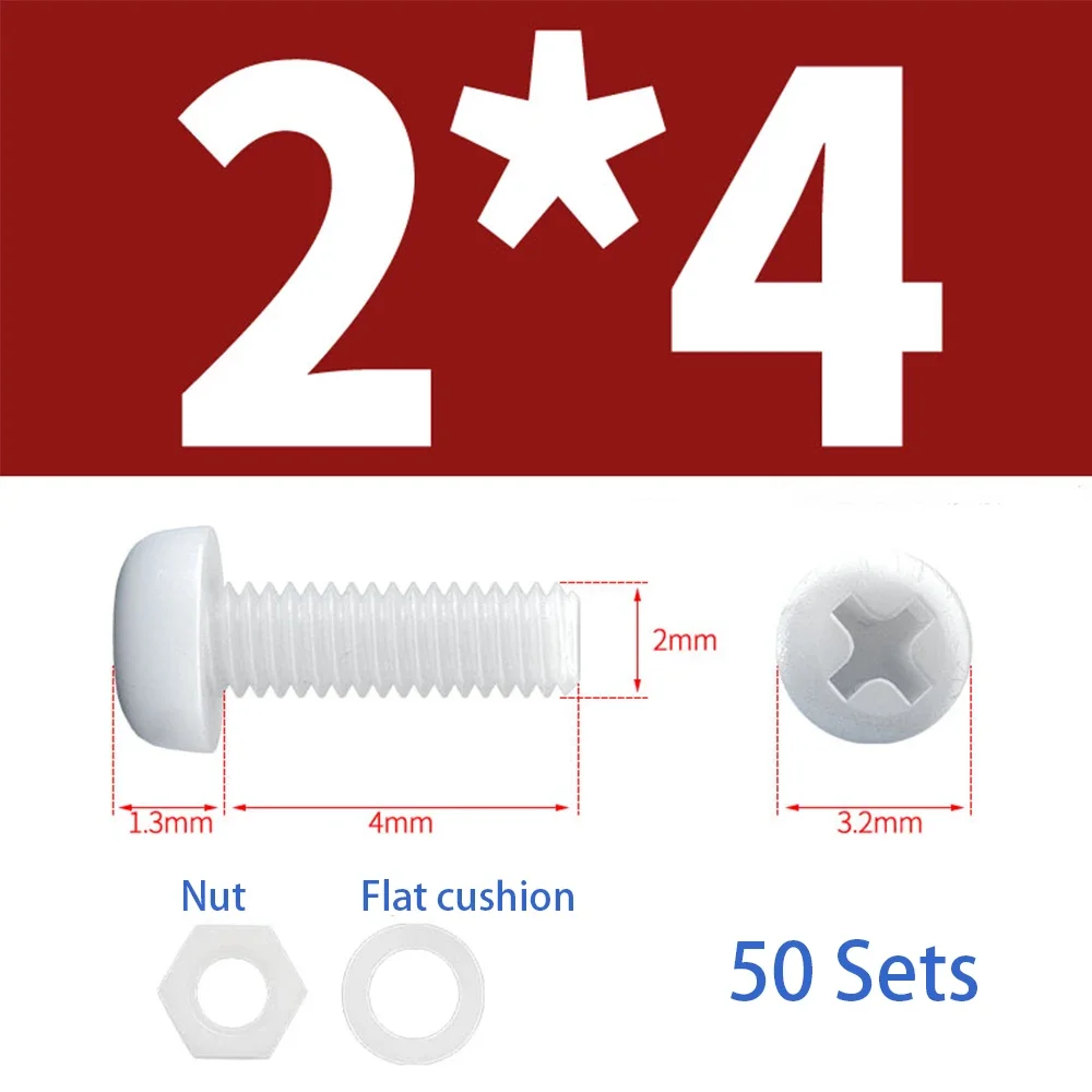 Cross Round Head Screw and Nut with Washes M2 M2.5 M3 M4 M5 M6 M8 Black/White Nylon Screws Metric Threaded Bolts Nut Kit 5-50Pcs
