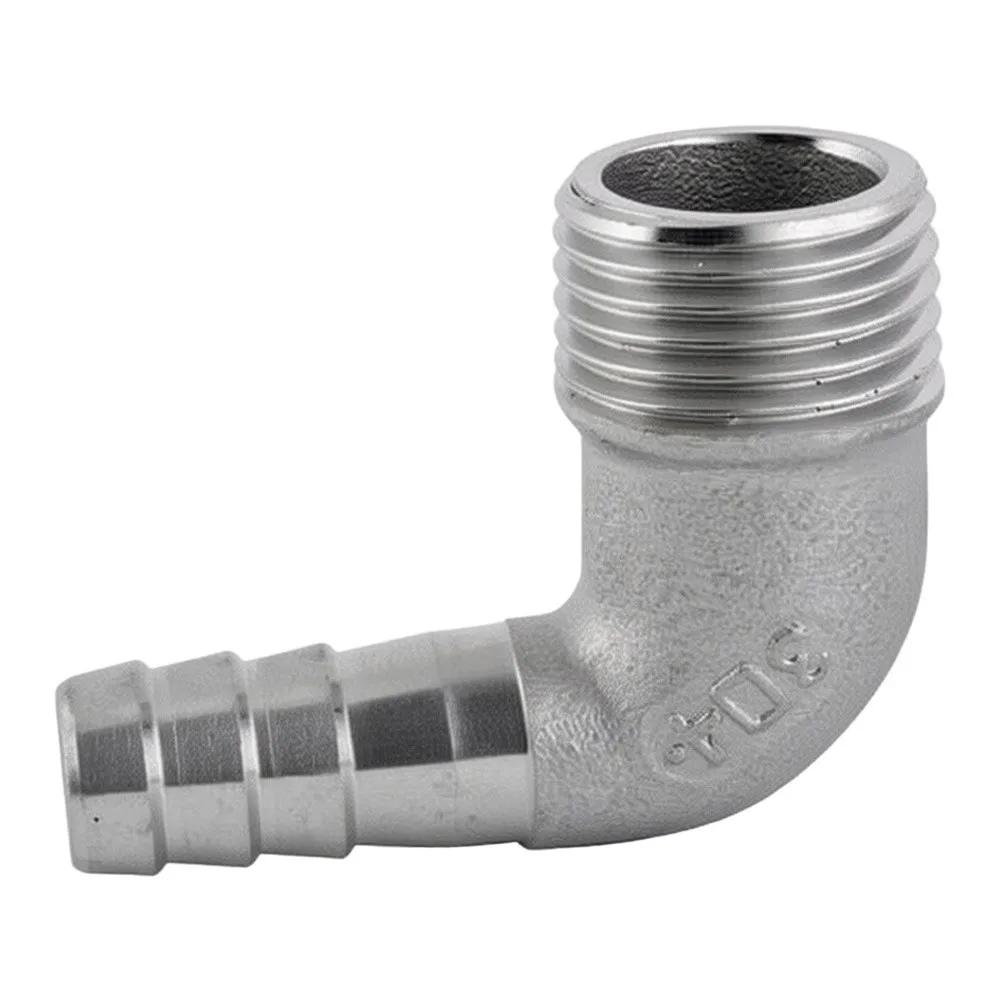 90 Degree Stainless Steel Elbow Fitting with Hose Barb and NPT Male Thread for Industrial Fluid Conveyance Systems