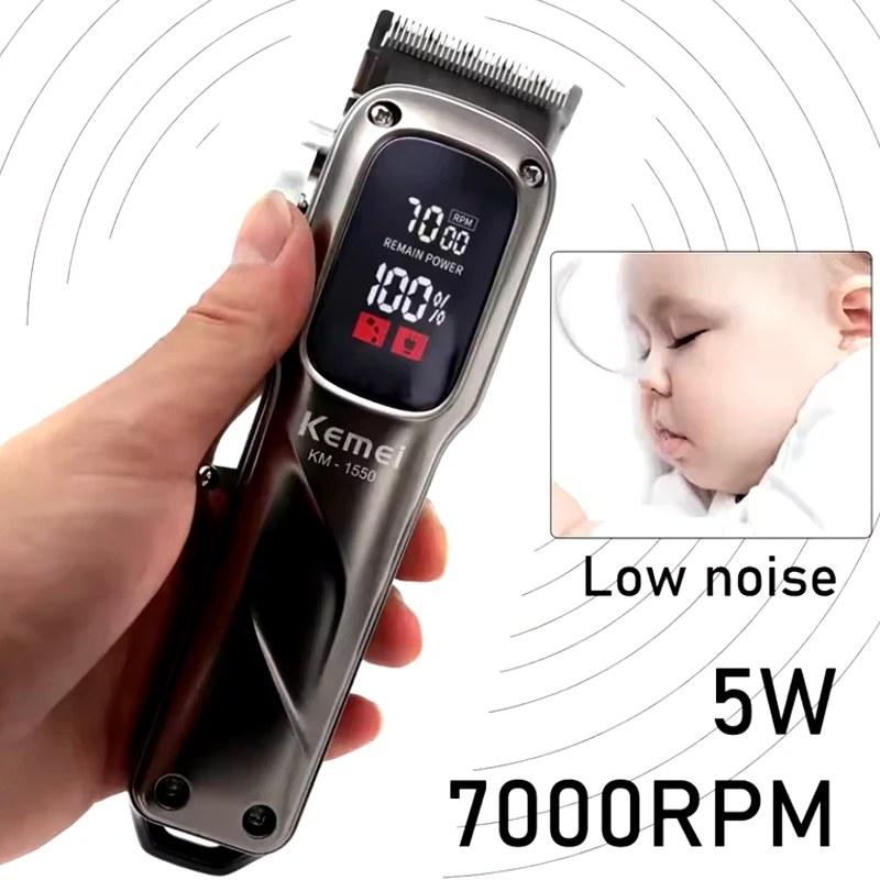 Kemei المهنية مقص الشعر للرجال KM-1550 شاشة الكريستال السائل منخفضة الضوضاء اللاسلكي واجهة USB آلة قطع الشعر المتقلب
