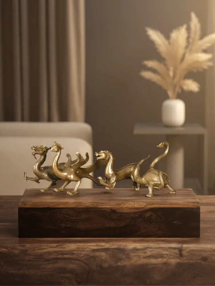 Old Brass The Four Great Guardian Beasts Four sided beast statue a set study screen Amass wealth Ornaments